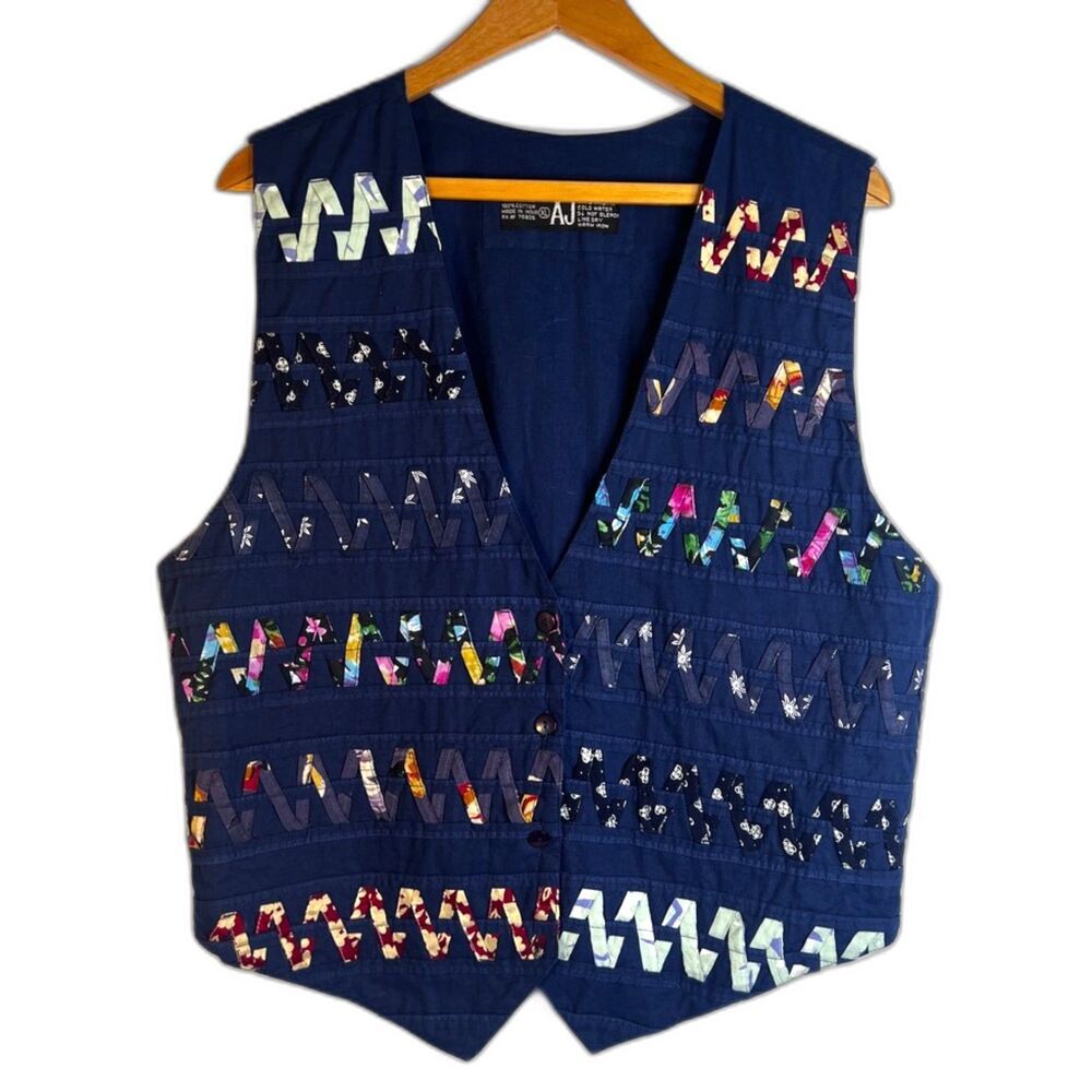 AJ‎ VTG Patchwork Quilted VEST ZigZag Pattern 100% Cotton Eclectic Size XL Navy